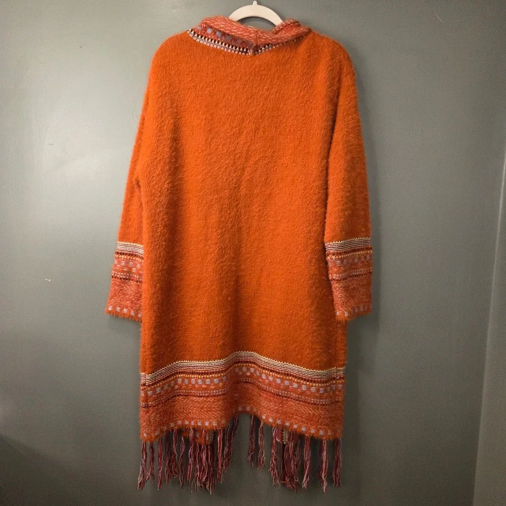 Fuzzy Boho Women's Open Front Long Cardigan Fringe Hem Orange Multi Size XL